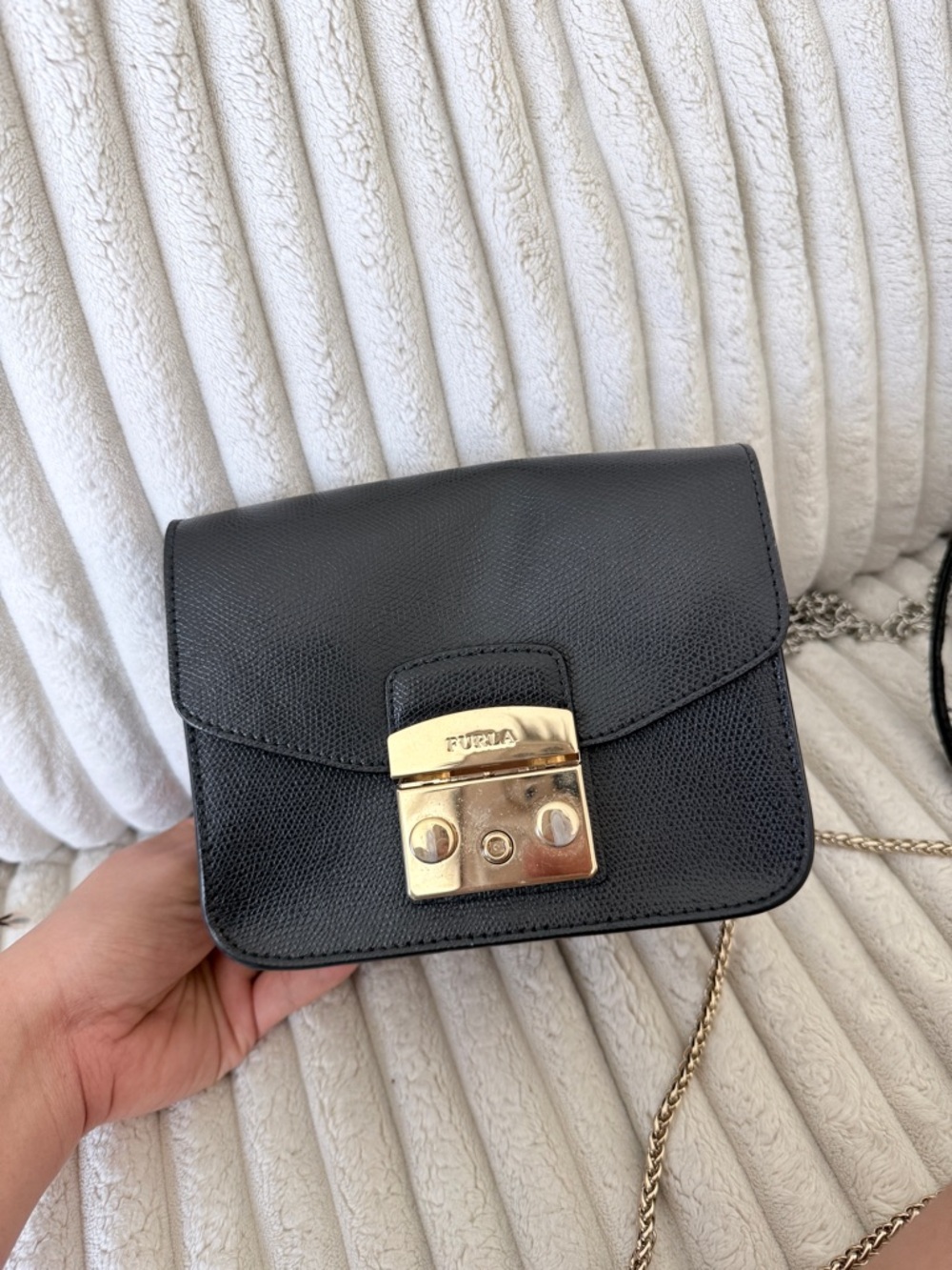 Furla Black Leather Mini Crossbody with Gold Lock